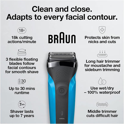 Braun Series 3 Wet and Dry Electric Shaver, Black Blue (310BLK)