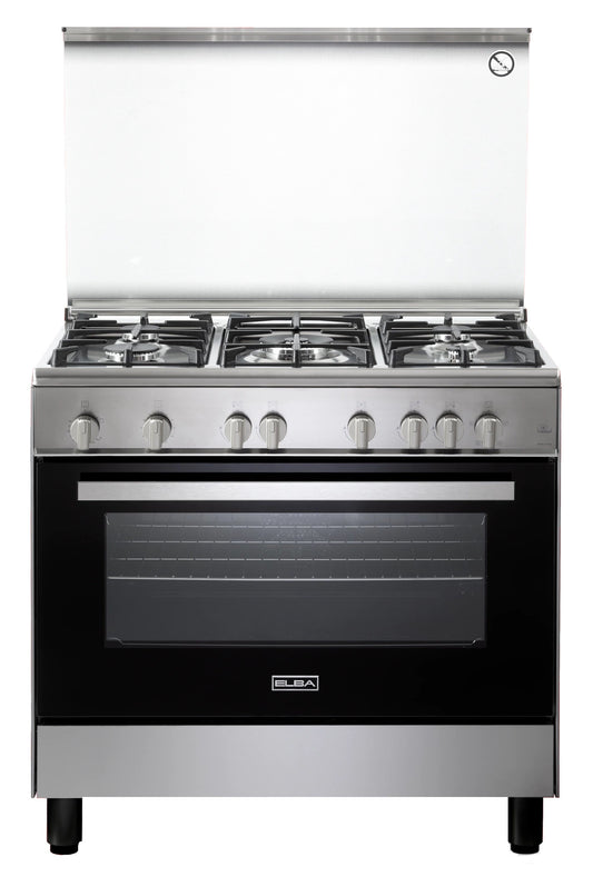 Elba Gas Cooker 90 cm Stainless Steel Cast iron pan supports 5 gas burners Full Safety with Fan (CBX 965 FGLC NEW)