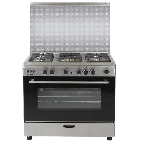 Nara Gas Cooker 90 CM 5 Gas Burners Matt Stainless steel (NAXM/9008PRO-B/LC/FAN brass)