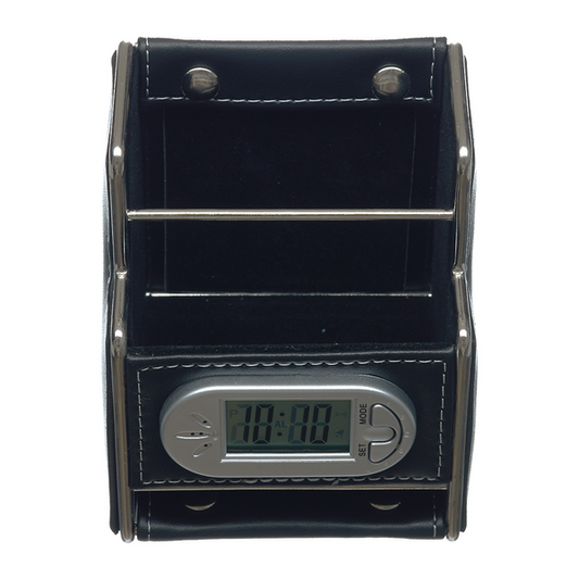 Time & Date Leather Style Pen Cup & Memo Dispenser - Black & Silver