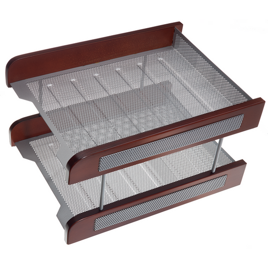 Golden Horse Desk Paper Tray Wood & Mesh Metal Brown Set - Pack of 2