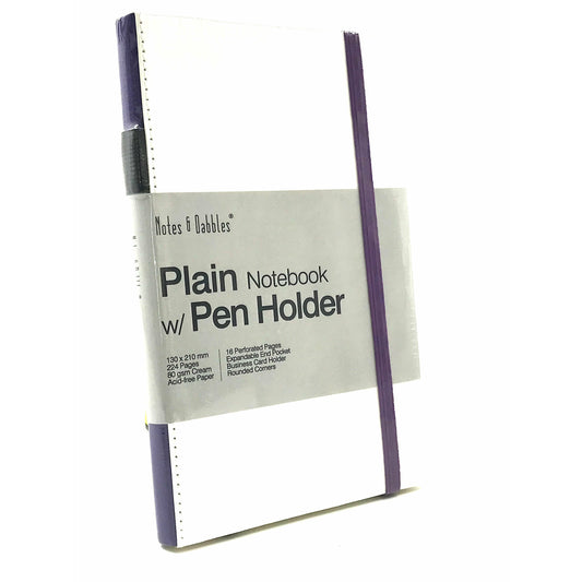 Notes & Dabbles Flynn White & Purple Hard Cover Plain Journal with Pen Holder - A5 -