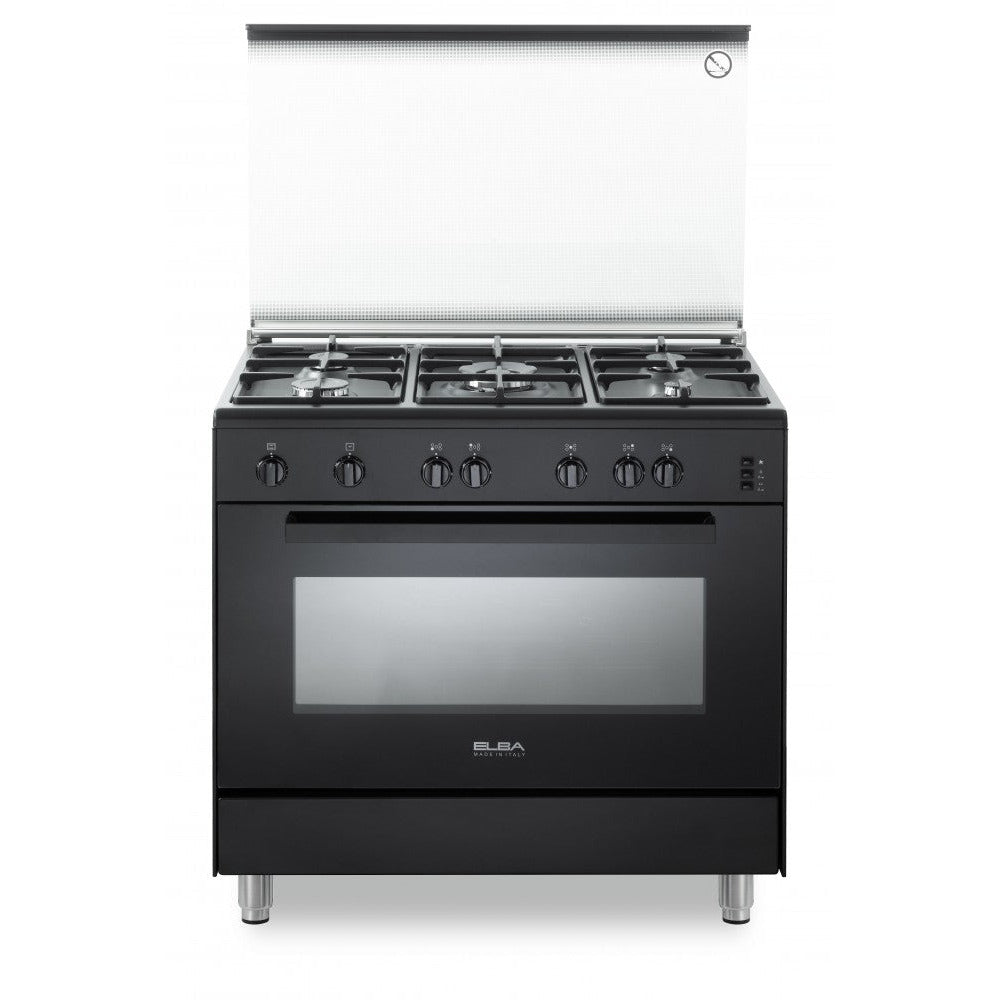 ELBA Gas Cooker 90 Cm 5 Burners Black Enameled Iron Grids 94 BK 888 FPM New Model